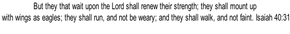 But they that wait upon the Lord shall renew their strength; they shall mount up   with wings as eagles; they shall run, and not be weary; and they shall walk, and not faint. Isaiah 40:31
